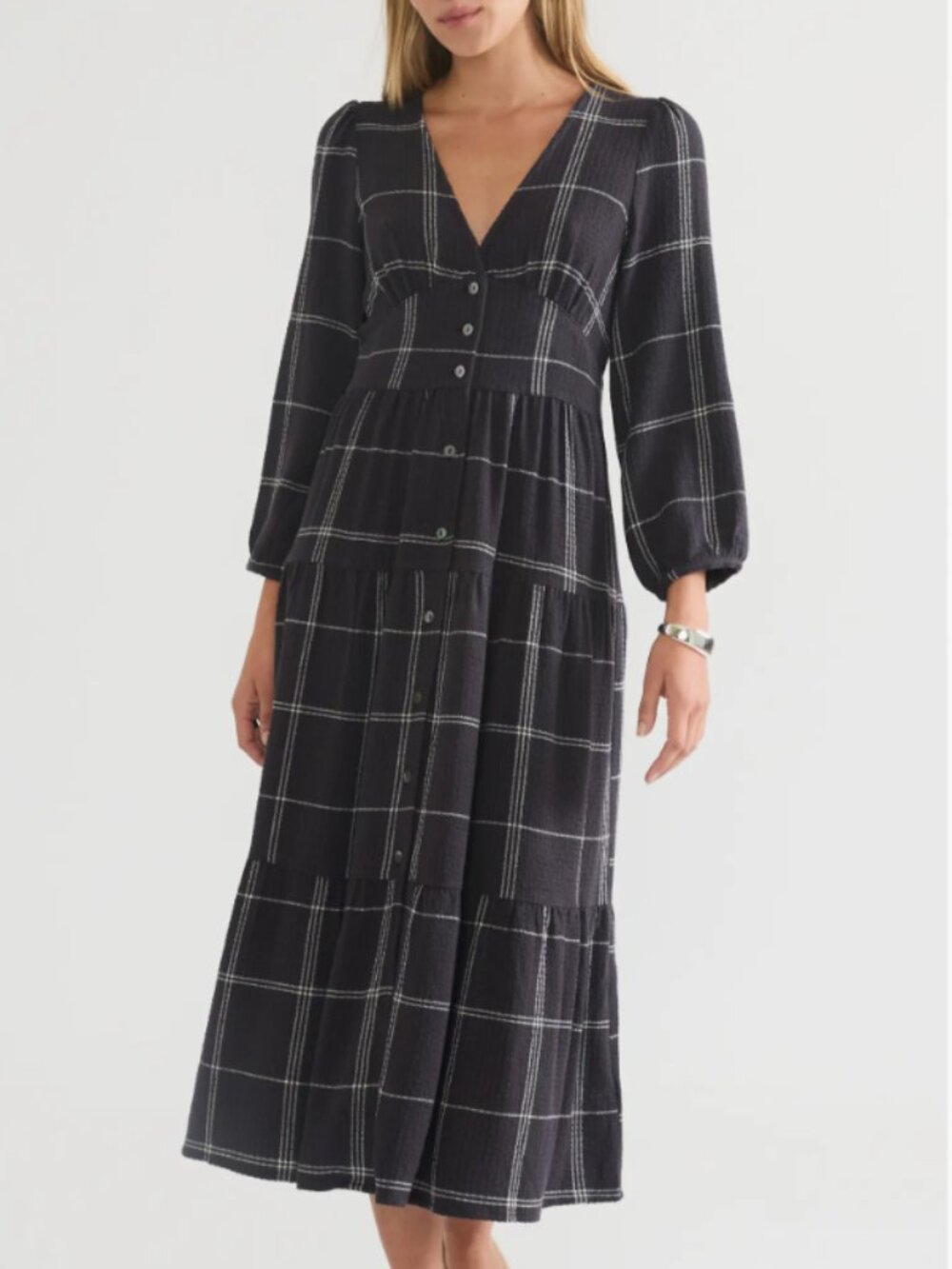 Marine Layer Maeve Plaid Long Sleeve Tiered Maxi Dress